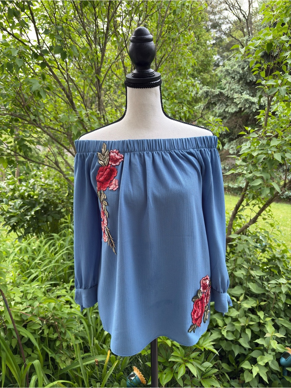 C Blue Off-Shoulder Tunic with Red Floral Applique